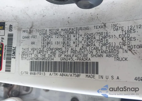 2013 Toyota Tacoma Base V6 из США, поврежденный, VIN 5TFLU4ENODX062234